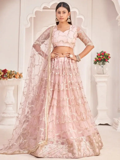 Prominent Pastel Pink Sequins Embroidery Net Lehenga Choli